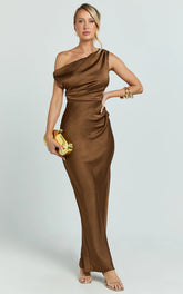 Laurie Maxi Dress - One Shoulder Tie Detail Dress in Chocolate