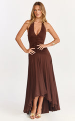 Celeste Maxi Dress - Gathered Bodice Dropped Waist Halter Dress in Chocolate