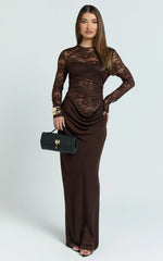 Crisanta Maxi Dress - Long Sleeve Contrast Lace Bodycon Dress in Chocolate