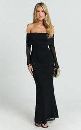 Bethanie Maxi Dress - Off The Shoulder Mesh Dress in Black