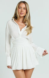 Valerie Mini Dress - Collared Long Sleeve Waist Shirt Dress in White