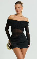 Jade Mini Dress - Long Sleeve Off Shoulder Draped Bias Cut Dress in Black