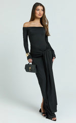 Judith Maxi Dress - Boat Neck Backless Tie Front Long Sleeve Jersey Dress in Black
