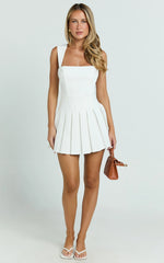 Wallace Mini Dress - Square Neck Wide Strap Drop Waist Pleated Dress in White