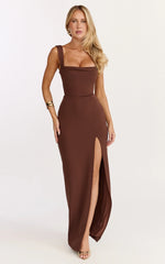 Donna Maxi Dress - Cowl Neck Column High Split Dress in Chocolate