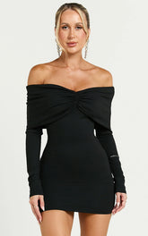 Rani Mini Dress - Off Shoulder Long Sleeve Bodycon Dress in Black