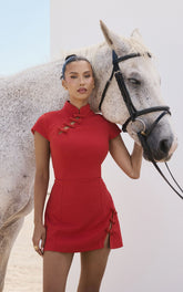 Nadia Mini Dress - Cap Sleeve Mandarin Collar Fitted Dress in Red with Red Trim