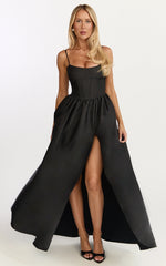 Louisa Maxi Dress - Boned Bodice Lace Up Back Dress in Black