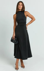 Macy Midi Dress - High Neck A Line Dress in Black
