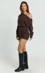 Alyce Mini Dress - Long Sleeve One Shoulder Dress in Chocolate