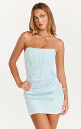 Rachel Mini Dress - Strapless Corset Bodice Draped Skirt Dress in Ice Blue