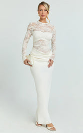Crisanta Maxi Dress - Long Sleeve Contrast Lace Bodycon Dress in Ivory