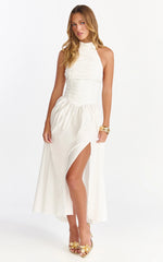 Anya Midi Dress - Halter Neck Ruched Drop Waist Dress in White