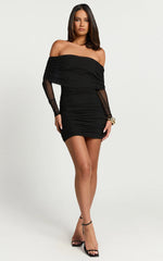 Clyde Mini Dress - Mesh Off Shoulder Ruched Bodycon Dress in Black