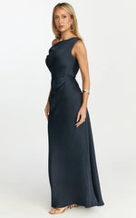 Lira Midi Dress - One Shoulder Satin Dress in Navy