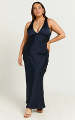 Khalani Midi Dress - Deep V Neck Satin Slip Dress in Navy