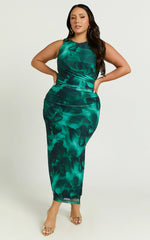 Loralie Midi Dress - Mesh High Neck Bodycon Dress in Green Floral Print