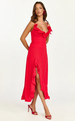 Vivienne Midi Dress - Rosette Neck Gathered Frill Split Leg Dress in Red