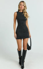 Olenna Mini Dress - High Neck Fitted Denim Dress in Washed Black
