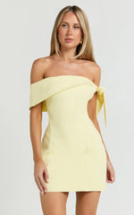 Cecilia Mini Dress - Off Shoulder Tie Detail Dress in Lemon