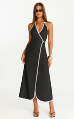 Aurora Midi Dress - Halter Neck Leg Split Wrap Dress in Black