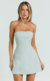 Catharine Mini Dress - Strapless A Line Dress in Sage