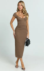 Elia Midi Dress - Cap Sleeve Sweetheart Underwire Fitted Dress in Brown