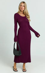 Blaire Midi Dress - Long Sleeve Tie Back Flare Dress in Wine