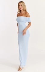 Caterina Maxi - Ruched Off Shoulder Mesh Dress in Pale Blue