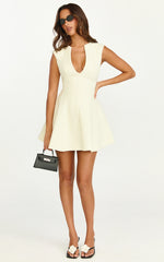 Nelson Mini Dress - Low Cut Boucle Fit & Flare Mini Dress in Cream