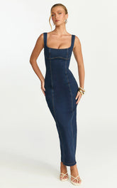 Kristie Maxi Dress - Wide Neck Corset Detail Denim Dress in Dark Blue