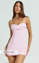Gigi Mini Linen Blend Dress - Sweetheart Tie Back Scallop Detail Dress in Pink