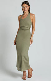 Lindley Midi Dress - Halter Neck Linen Look Dress in Olive
