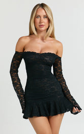 Frieda Mini Dress - Off Shoulder Flared Long Sleeve Stretch Lace Dress in Black