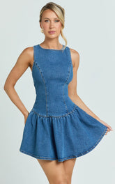 Vera Mini Dress - Boat Neck Drop Waist Fit And Flare Denim Dress in Mid Blue Wash