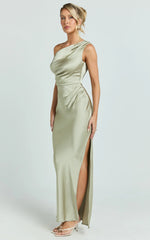 Laurie Maxi Dress - One Shoulder Tie Detail Dress in Light Olive