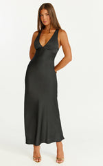 Khalani Midi Dress - Deep V Neck Satin Slip Dress in Black