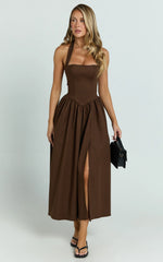 Helda Midi Dress - Halter Tie Neck Corset Panel Dress in Chocolate