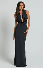 Sylvana Maxi Dress - Cowl Halter Neck Bodycon Dress in Black