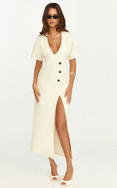 Makayla Midi Dress - Low Cut Button Down Midi Dress in Cream