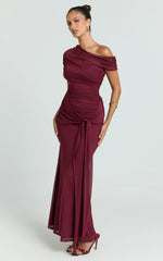 Nicolette Maxi Dress - Cape Sleeve Off Shoulder Dress in Wine