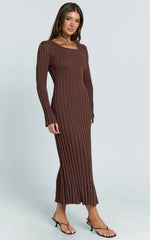 Blaire Midi Dress - Long Sleeve Tie Back Flare Dress in Dark Chocolate