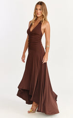 Celeste Maxi Dress - Gathered Bodice Dropped Waist Halter Dress in Chocolate