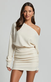 Alyce Mini Dress - Long Sleeve One Shoulder Dress in Off White