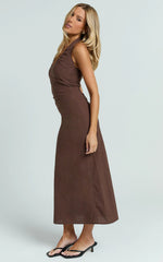 Murray Midi Dress - Deep U Halter Neck Dress in Chocolate