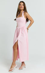 Helda Midi Dress - Halter Tie Neck Corset Panel Dress in Pink