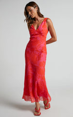 Jodie Midi Dress - V Neck Slip Dress in Pink Floral