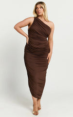 Lovlin Midi Dress - One Shoulder Ruched Dress in Chocolate