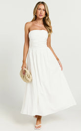 Polly Midi Dress - Strapless Ruched Dress in White
