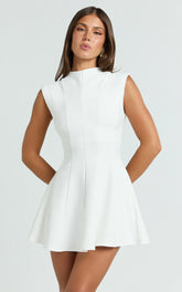 Becky Mini Dress - High Neck Sleeveless Fit And Flare Dress in White